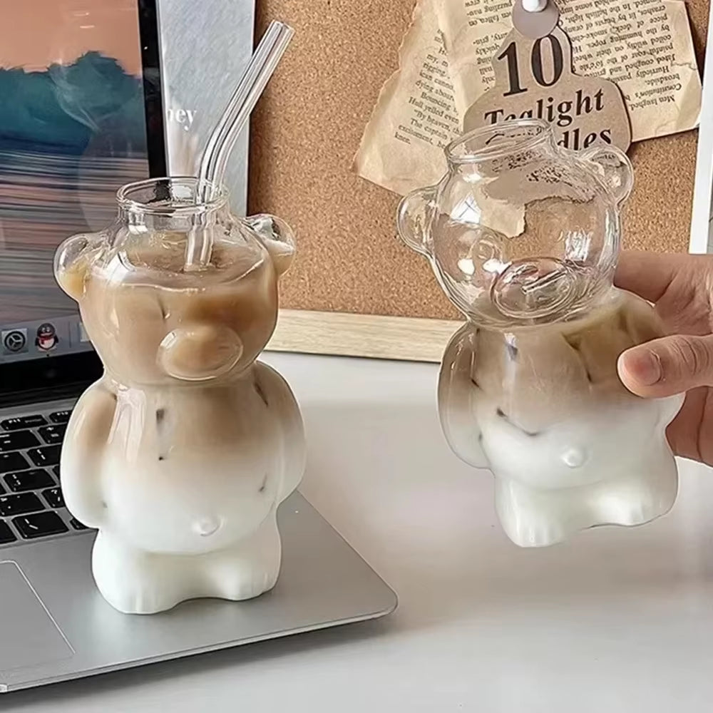 320ML Cartoon Bear Shaped Coffee Mug Cute Bear Mug Glass Cup with Straw Transparent Creative Milk Coffee Water Cups