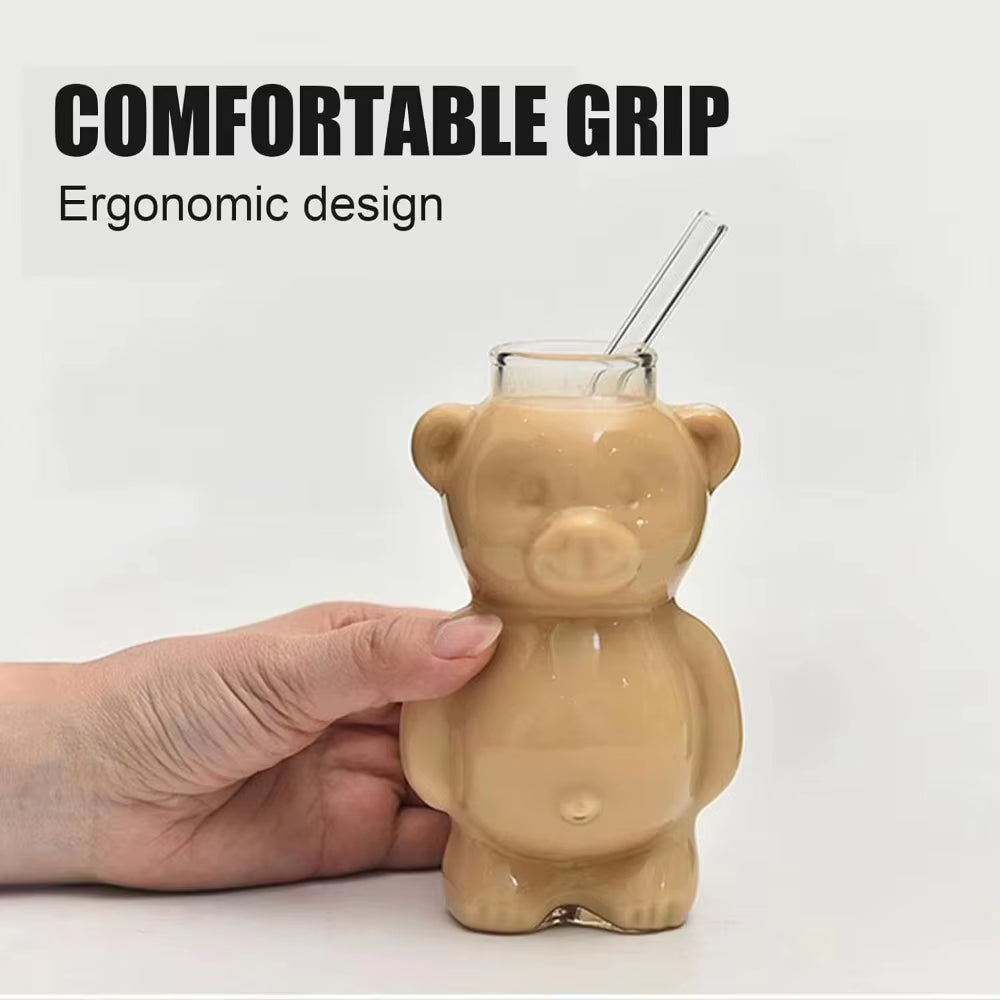 320ML Cartoon Bear Shaped Coffee Mug Cute Bear Mug Glass Cup with Straw Transparent Creative Milk Coffee Water Cups
