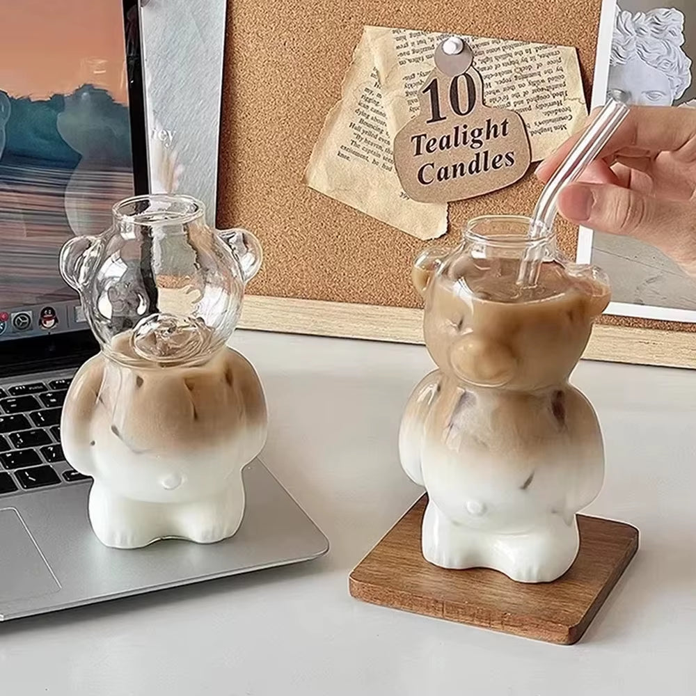 320ML Cartoon Bear Shaped Coffee Mug Cute Bear Mug Glass Cup with Straw Transparent Creative Milk Coffee Water Cups
