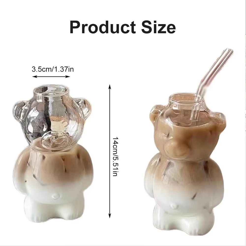320ML Cartoon Bear Shaped Coffee Mug Cute Bear Mug Glass Cup with Straw Transparent Creative Milk Coffee Water Cups